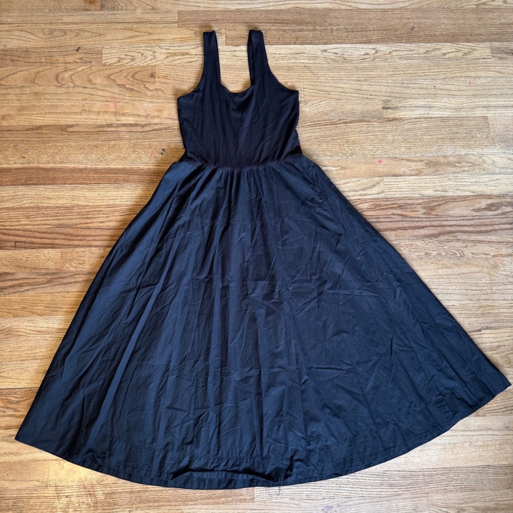 Everlane Black Mixed Media Midi Dress Tank Top Poplin Skirt Pockets Small